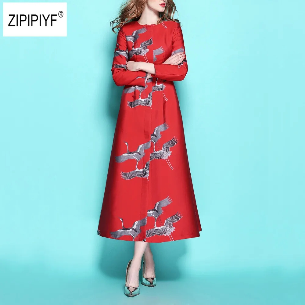

High Quality Trench Coat Women Jacquard Embroidery Crane Trench Coat X-Long Feminino Casacos Windbreaker Women Slim Coat B1148
