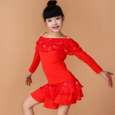 Детское платье для латиноамериканских танцев с длинными рукавами и блестками |