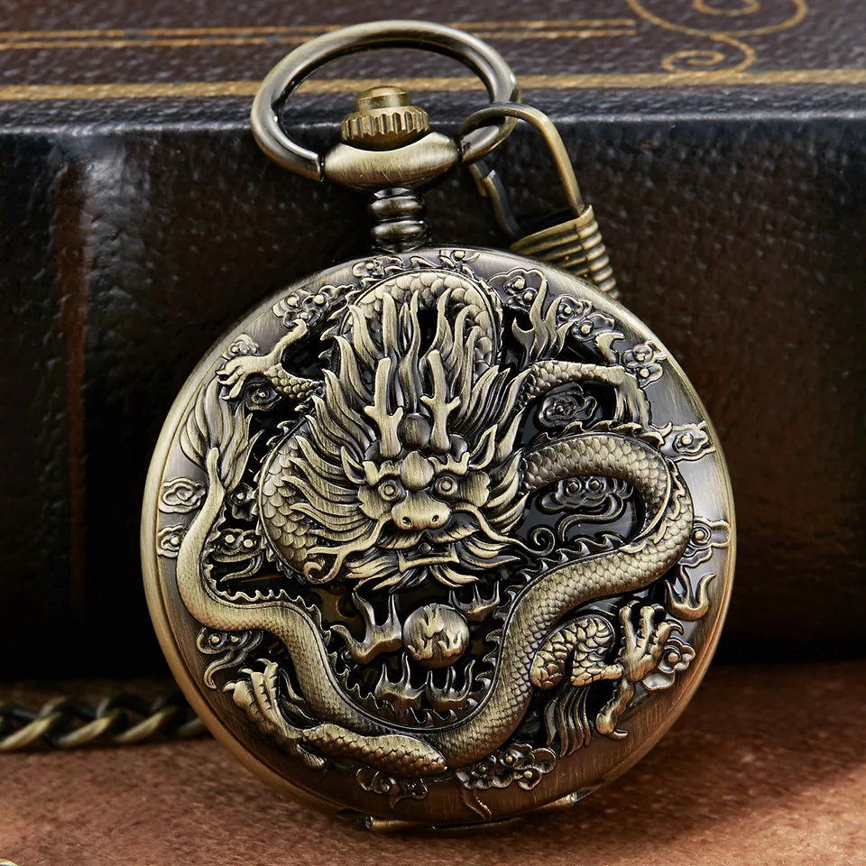 Роскошные Золотые Дракон механические Fob часы Феникс полые скульптура