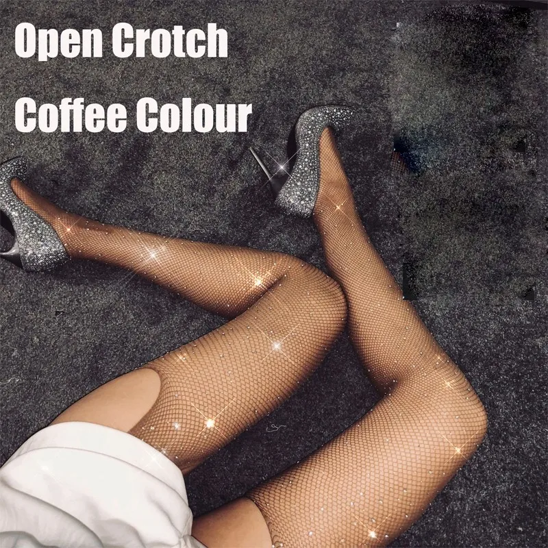 open crotch coffee Женские колготки с открытой промежностью, сексуальные чулки, стразы, черный цвет, Collant Fantaisie Femme Medias De Mujer, Колготки Collant Femme SW071 - Цвет: open crotch coffee