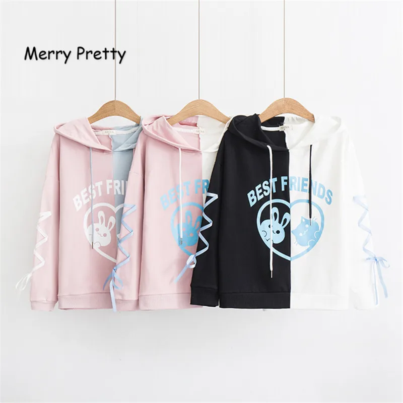 Merry Pretty Kawaii, женские толстовки с капюшоном, кролик, кот, милый пэчворк, милые девушки, на шнуровке, длинный рукав, толстовка, женские пуловеры