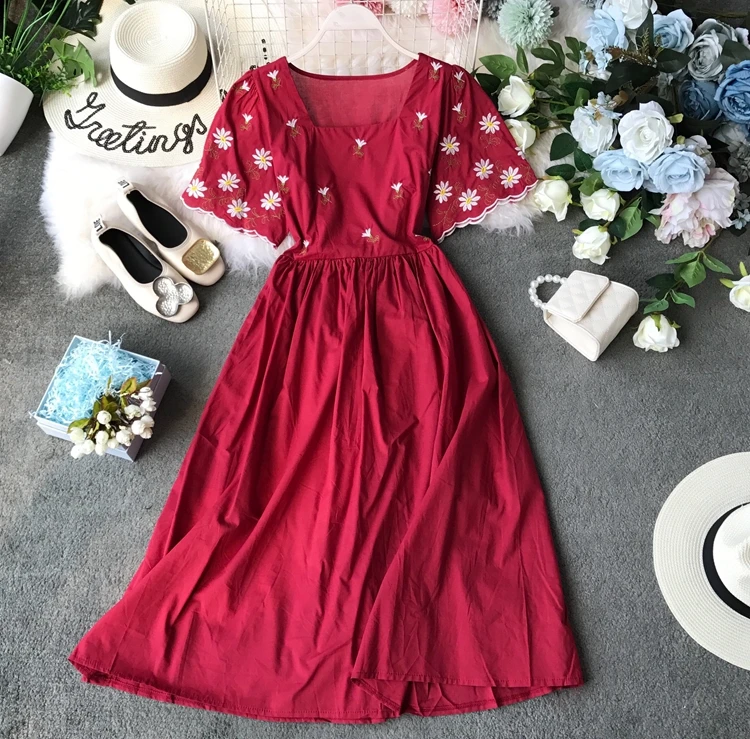 ALPHALMODA, новинка, платье с цветочной вышивкой для морского отдыха, квадратный воротник, расклешенный рукав, платье, тайское, аккуратное, до середины икры, Vestidos - Цвет: Красный