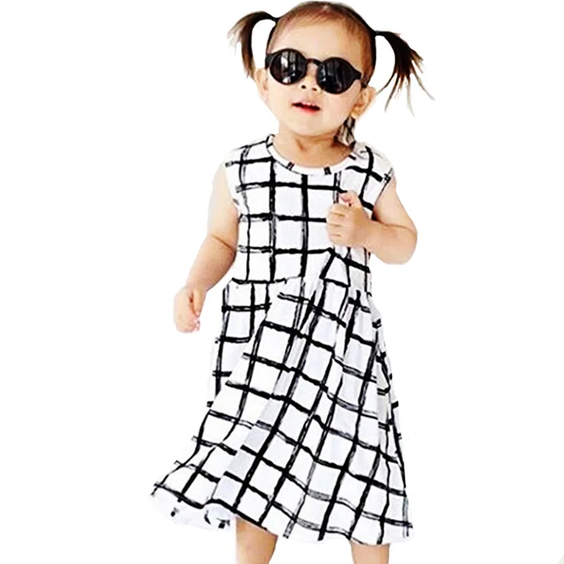 

Летние Стильные Детские платья для девочек; коллекция 2017 года; модная одежда в клетку для маленьких девочек; платье без рукавов; платья прин...