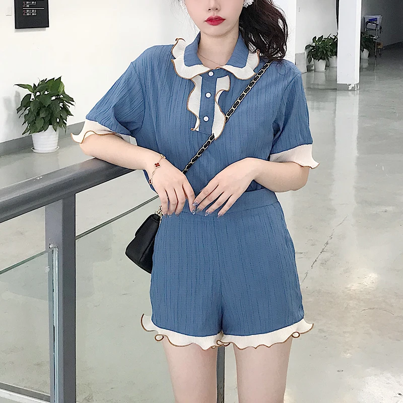 Возможно U синий отложной воротник клеш короткий рукав кнопка молния шорты