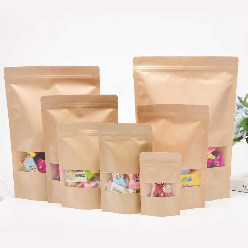 

100pcs/lot Candy Bag Party Favor Paper Bags Coffee Seeds Sweets Ziplock Seal Kraft Paper Bag Window Stand Up Sealable Pouch