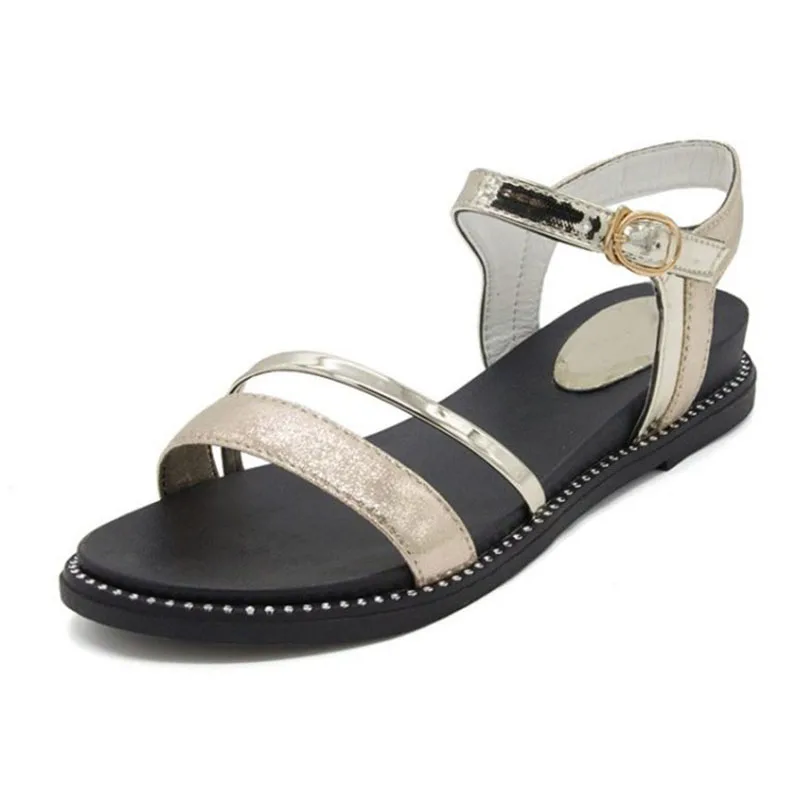 RAZAMAZA Chic Office Lady Flats Sandals Ankle Strap Metal Color Summer Vacation Shoes Woman Size 35-39 | Обувь