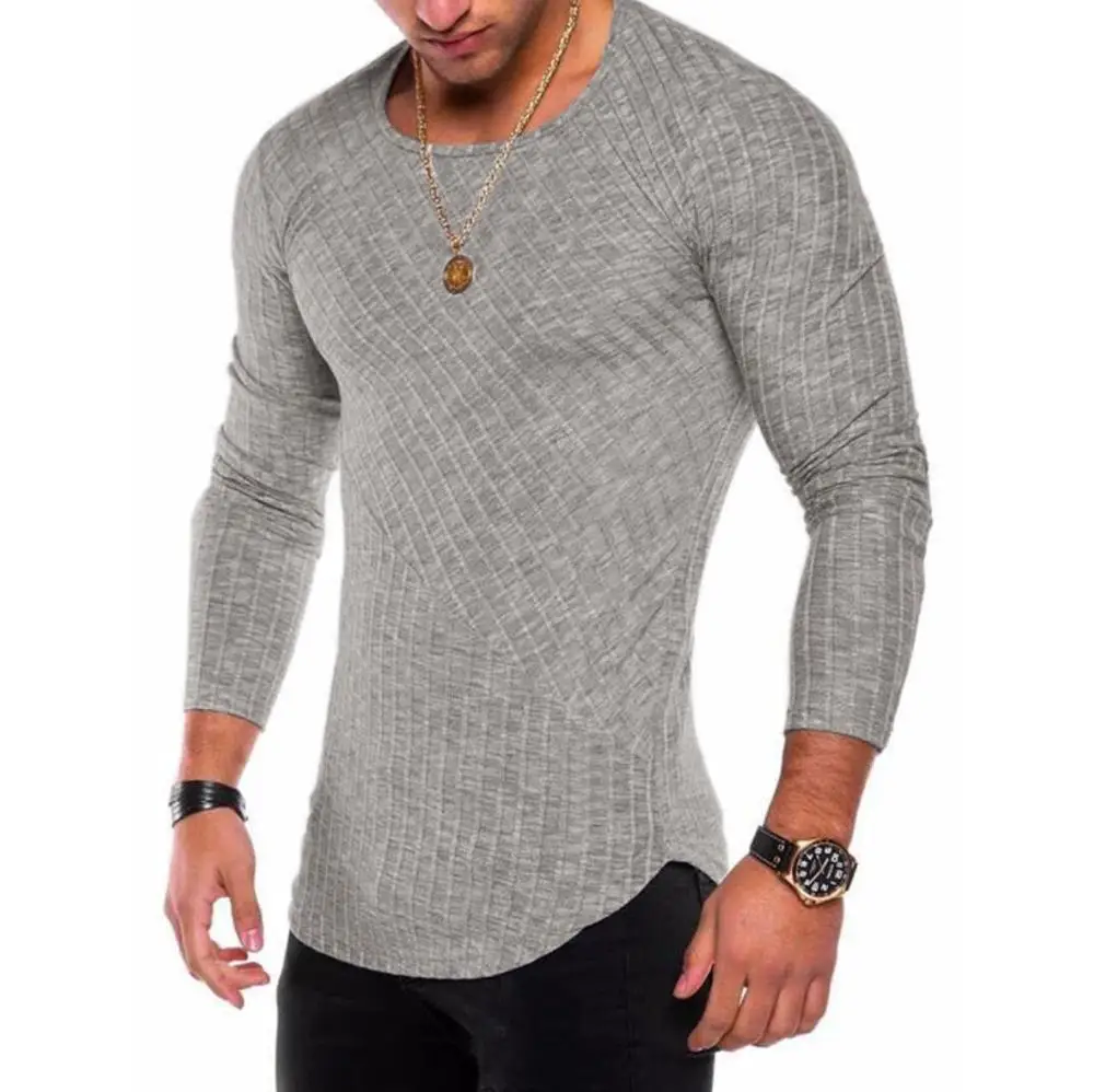 Light grey 6 цветов, весна, Мужская футболка с длинным рукавом, повседневная, круглый вырез, в полоску, эластичная посадка, забавная уличная одежда, одноцветная футболка, топы в стиле хип-хоп - Цвет: Light grey