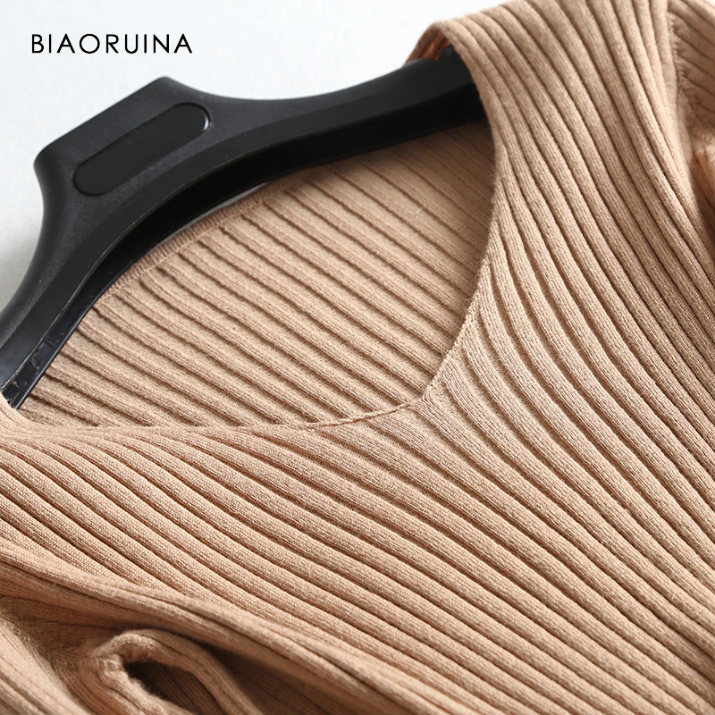 BIAORUINA, 5 цветов, Женский вязаный свитер в стиле knean, контрастные цвета, женский модный пуловер с v-образным вырезом, подходит ко всему, один размер