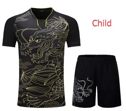 Child Black Shirt Китайская форма дракона теннисные футболки+ шорты, детские женские футболки для бадминтона, мА длинный пинг-понг Джерси, теннисные скатерти - Цвет: Child Black Shirt