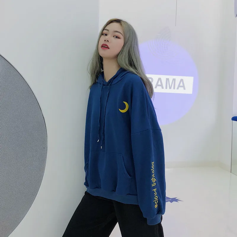 Для женщин Толстовка Винтаж толстые Ulzzang колледж Стиль Свободные худи с вышивкой