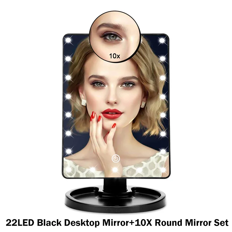 22led Black and 10X 16/22 светодиодный сенсорный экран зеркало для макияжа 1X 10X настольная столешница яркая Регулируемая USB кабель или батареи инструменты для использования - Цвет: 22led Black and 10X