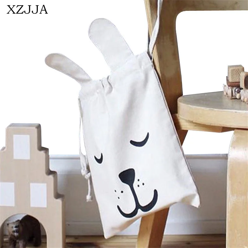 XZJJA Cartoon Canvas Drawstring Storage Bags Creativity Rabbit Drawstring Backpack Children Room Ears Toy Clothings Organizer