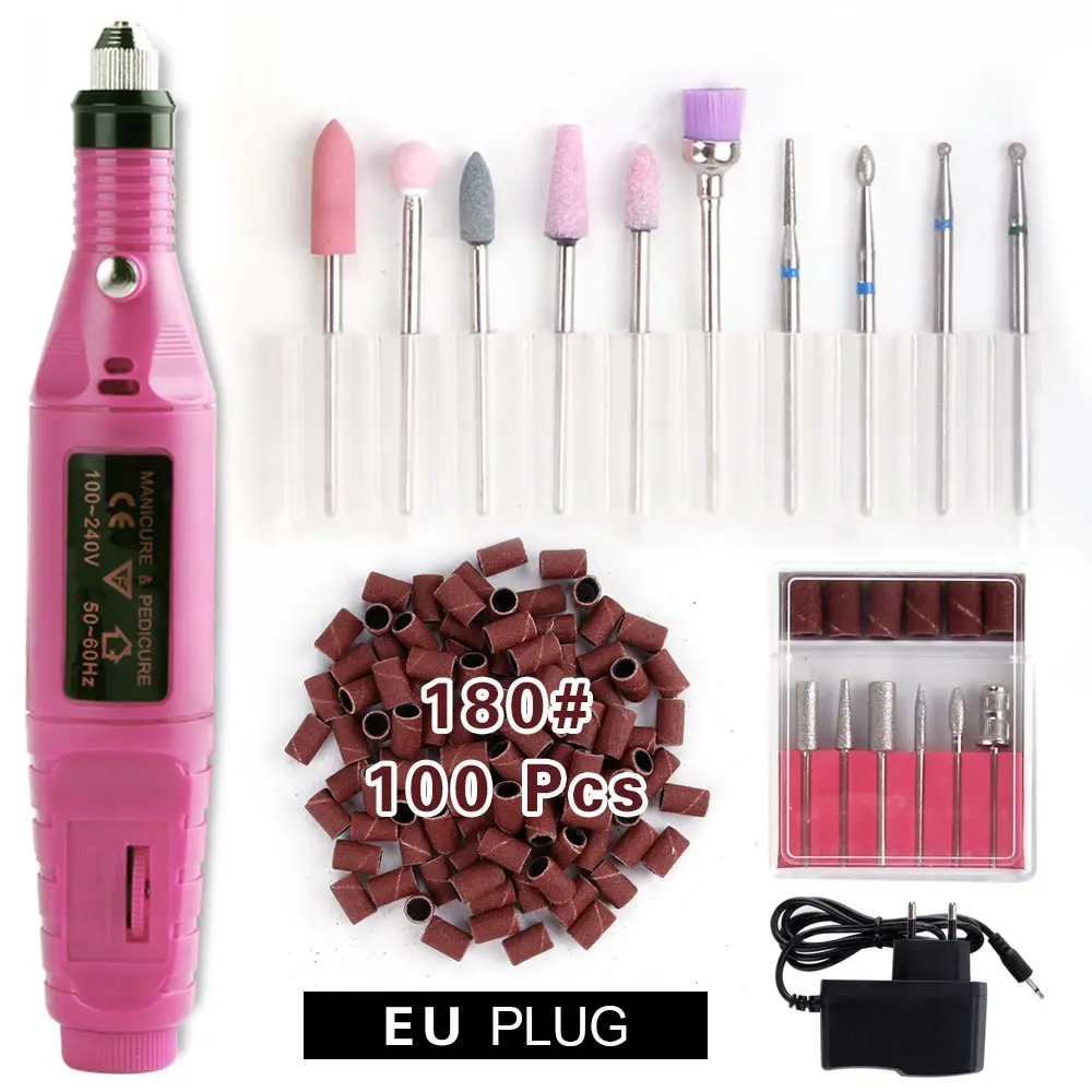 Pink Set 180 Электрический Маникюрный станок, набор сверл для ногтей, фрезерный керамический алмазный резак, роторные заусенцы, аппарат для педикюра, кутикулы, искусство - Цвет: Pink Set 180