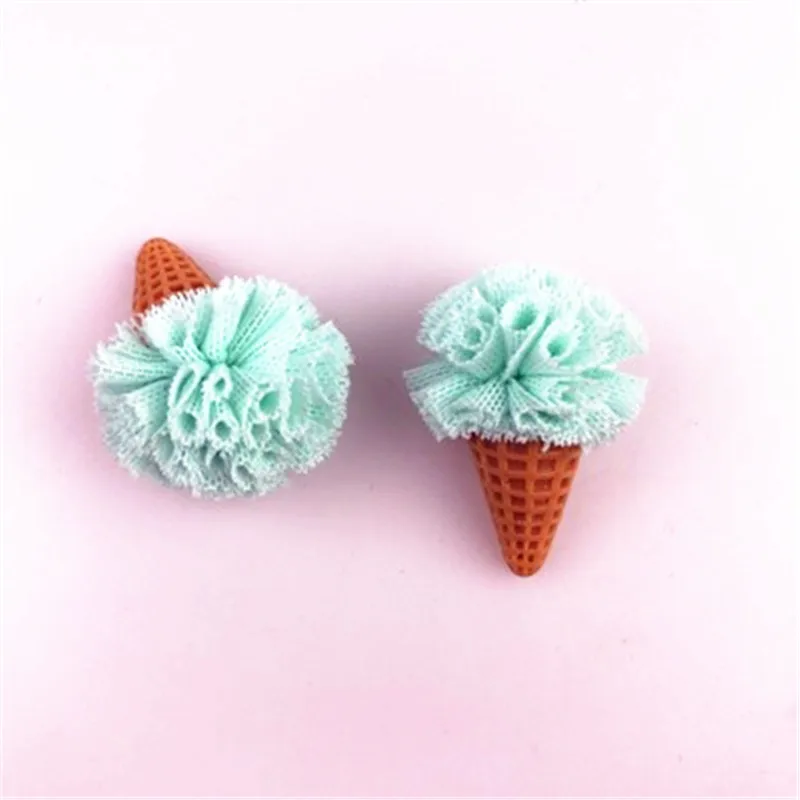 40PCs/Lot Kawaii 3D Floral Chiffon Balls Decorated Ice Cream button Patch Sticker Hair Jewelry Ornament Accessories Craft - Окраска металла: mint green