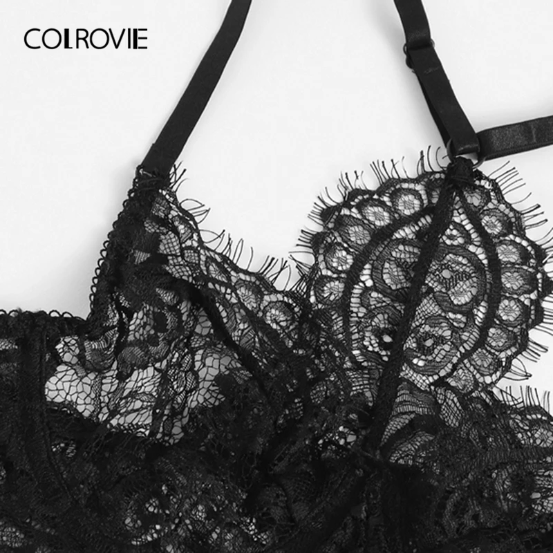 COLROVIE, черный кружевной комплект нижнего белья с подвязками и цветочным принтом, женское нижнее белье, Прозрачное нижнее белье, комплект с бюстгальтером