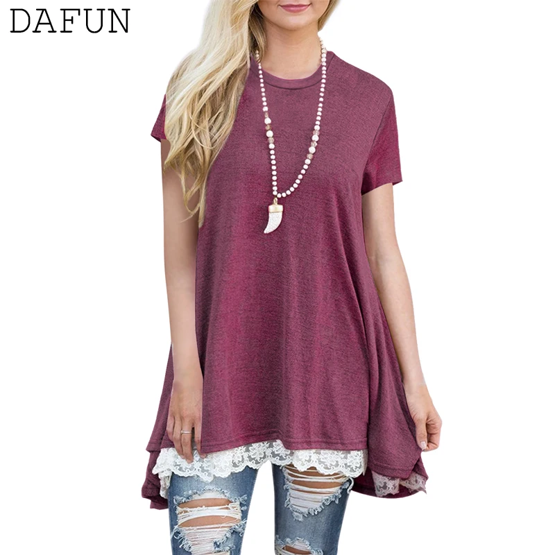 Корейский стиль Женская длинная футболка с коротким рукавом кружевной отделкой