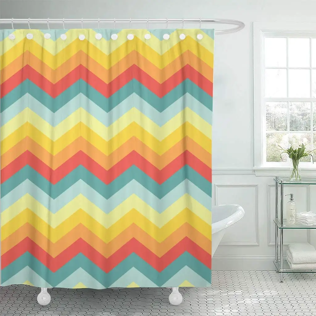Тканевая занавеска для душа с крючками оранжевый шеврон зигзаг узор красочный
