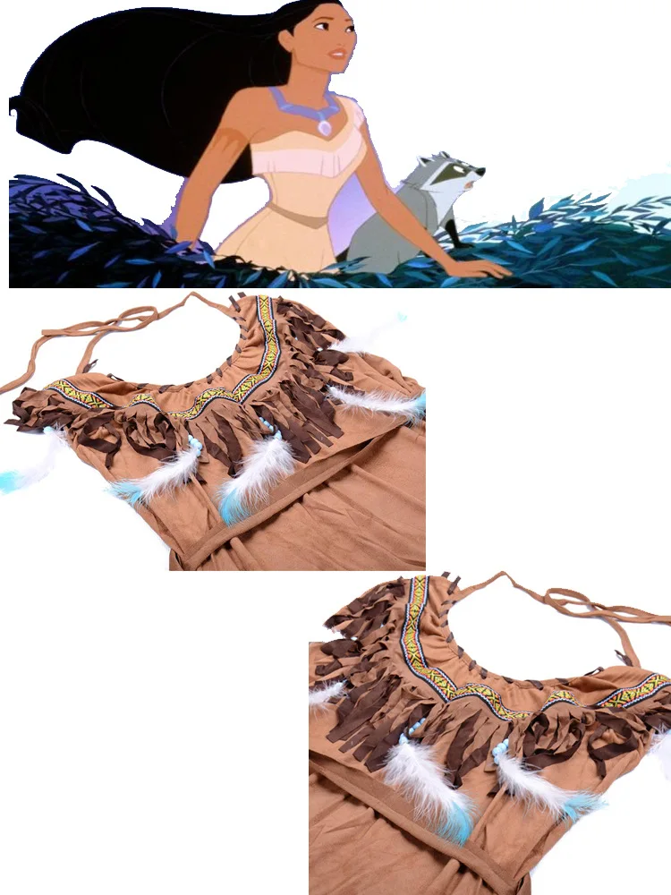 Индийский костюм принцессы Pocahontas для девочек, наряд на Хэллоуин, подарок для взрослых и женщин, роскошное коричневое платье