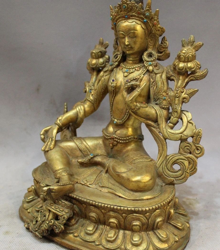 Китайская старая бронза собирает зеленый Тара Будда богиня Гуаньинь статуя