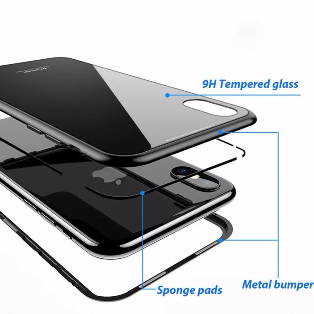 Магнитная Адсорбция чехол для iPhone X 7 8 плюс металлический корпус рамка крышка Закаленное стекло для iPhone 6S 7 8 плюс изысканные чехлы