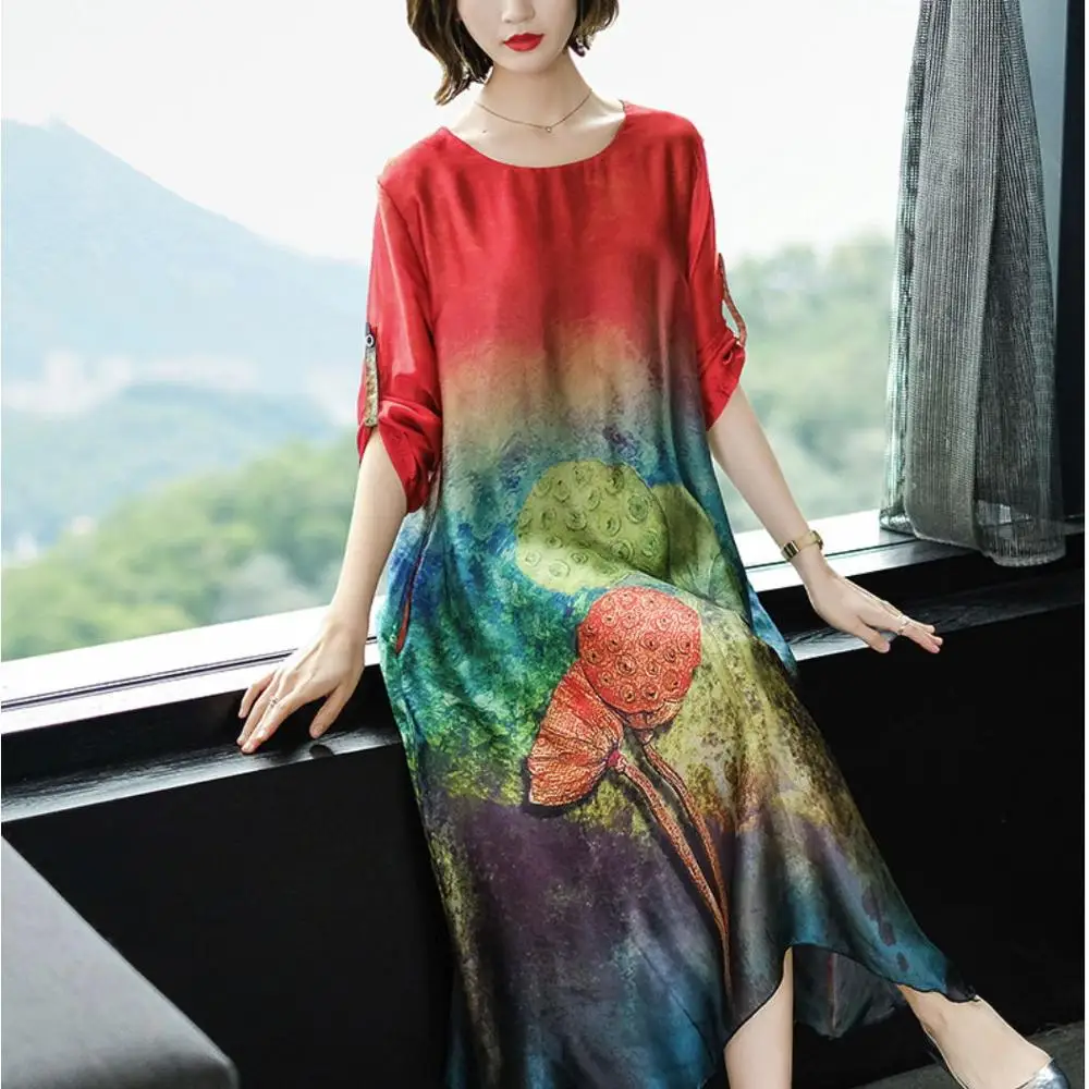 Новинка 2019 года летнее повседневное женское шелковое платье с длинными рукавами