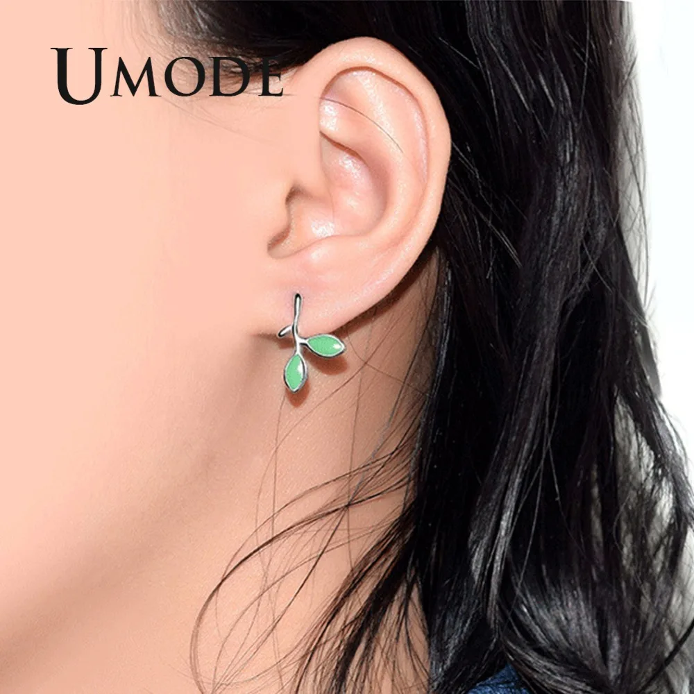Женские серьги гвоздики с зелеными листьями UMODE открытым кольцом из белого