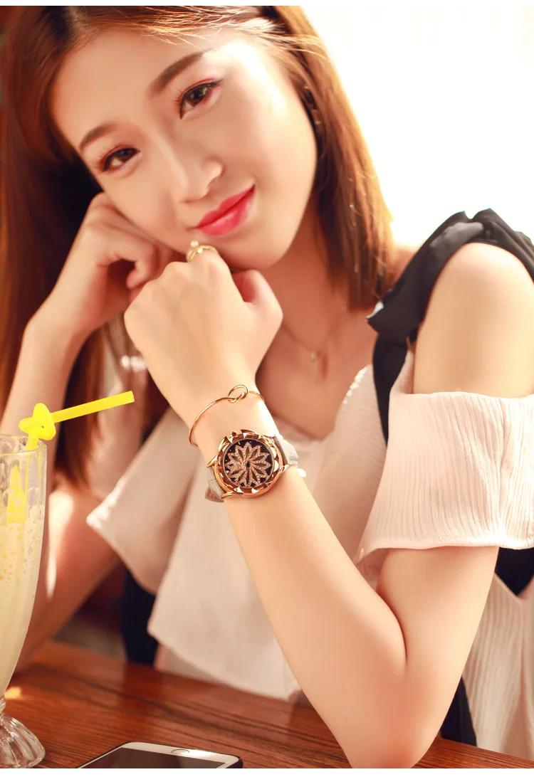 GUOU Luxury rose gold rotatable dial crystal women watch reloj mujer ladies fashion leather creative quartz Relogios | Наручные часы