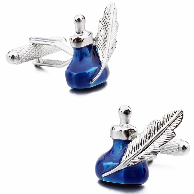 HAWSON Casual Cufflinks Quill-Pen&Ink Bottle Imitation Rhodium with Blue Enamel Cuff Links for Men French Cuffs/Shirts Gift