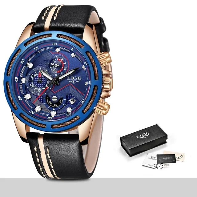 Rose gold blue LIGE часы для мужчин модные спортивные кварцевые часы кожа для мужчин s часы Лидирующий бренд Роскошные Синие водонепроницаемые Бизнес часы Relogio Masculino - Цвет: Rose gold blue