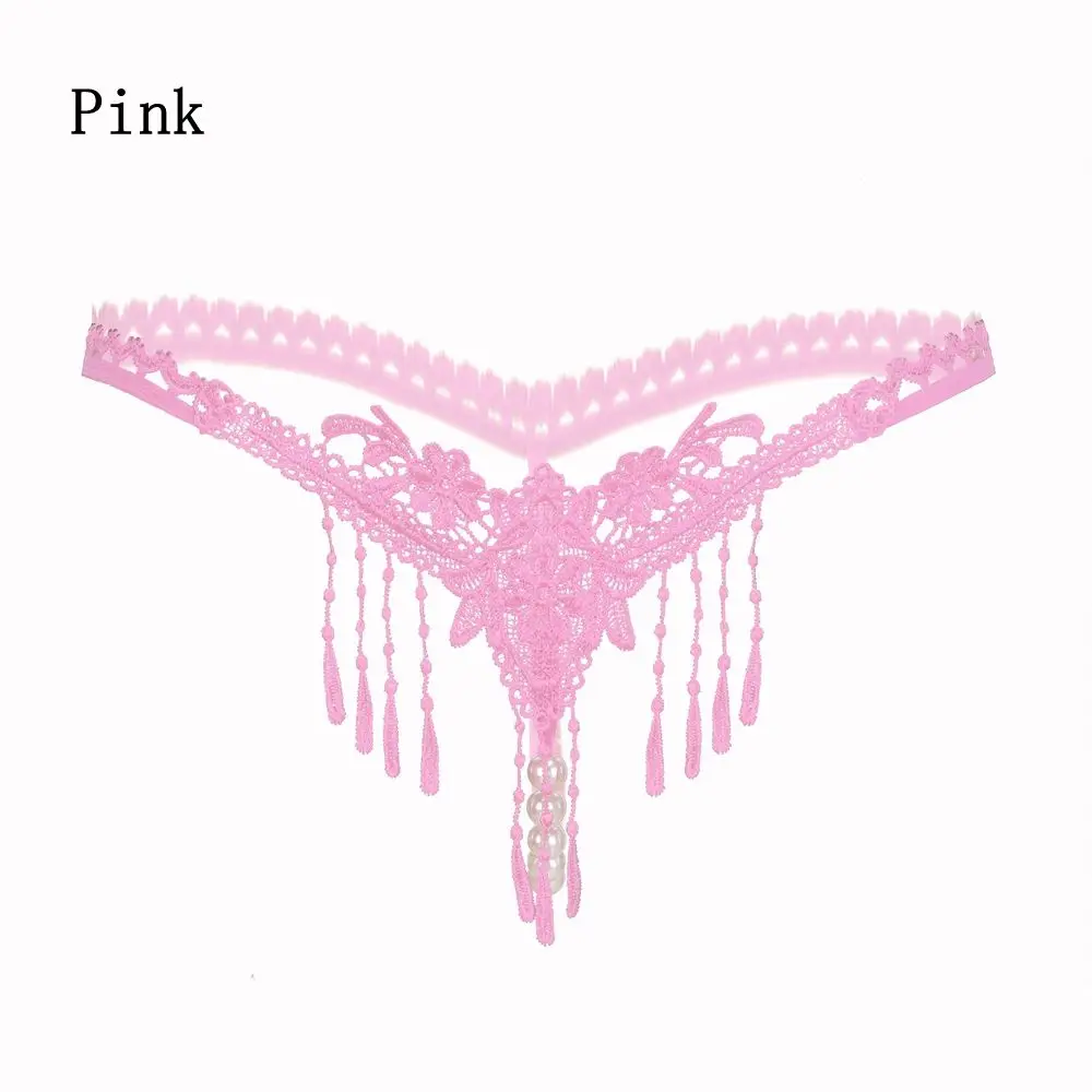 Pink 1 шт., модное женское нижнее белье, прозрачные кружевные трусы для девочек, кружевные стринги с бантом и жемчугом, трусики-стринги, сексуальное нижнее белье - Color: Pink
