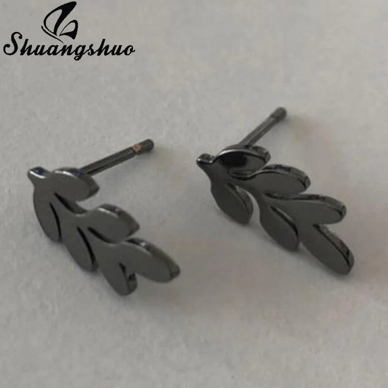 Shuangshuo Tiny New Vintage Leaves Stainless Steel Earrings for Women Beautiful Tree Leaf Stud Feather Studs | Украшения и