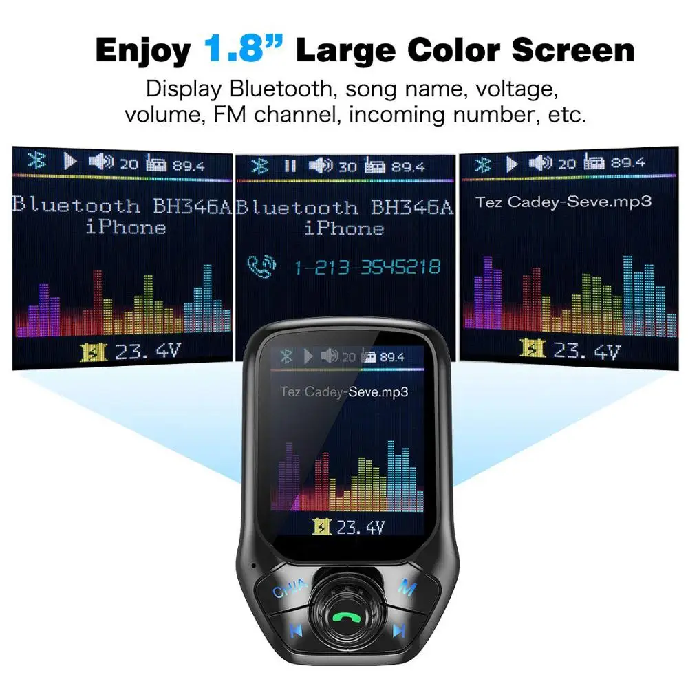 Bluetooth FM-передатчик 1." Цветной экран Адаптер радиопередатчика 3.5 мм Aux порт для автомобильной автонастройки частоты 3 USB зарядное устройство