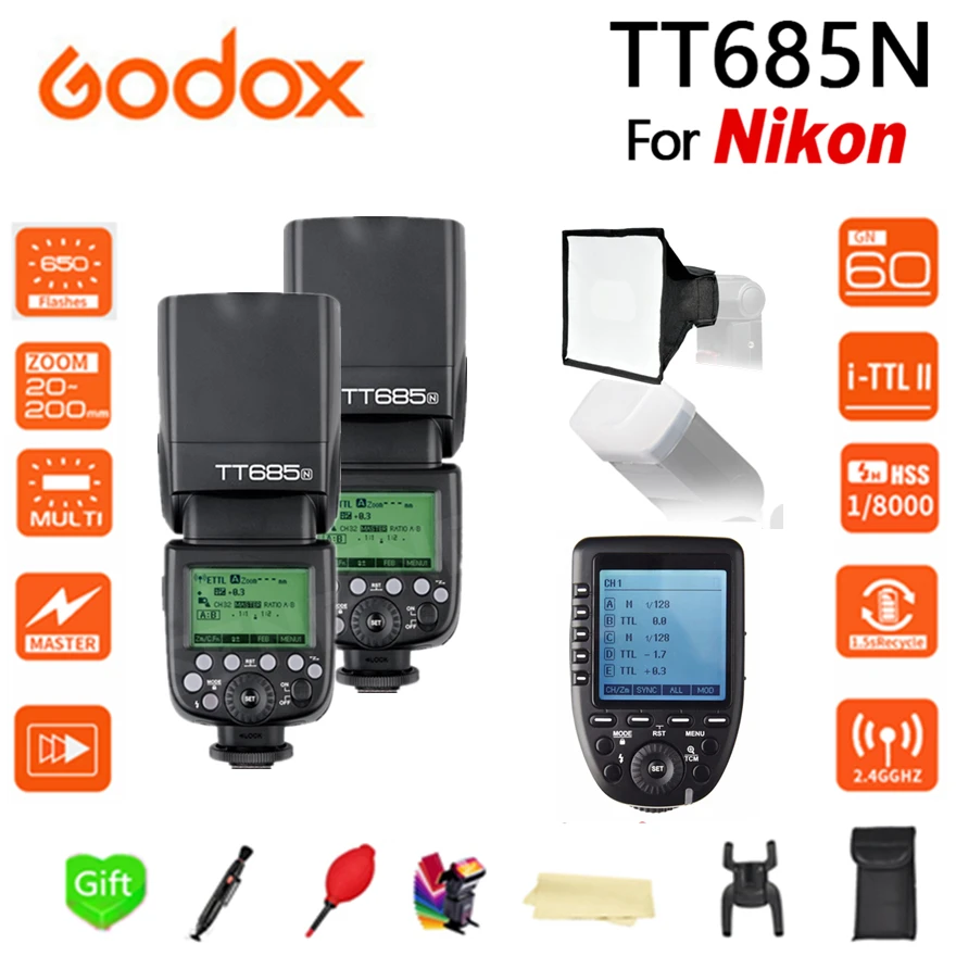 2X Godox TT685N 2 4G Беспроводная вспышка HSS 1/8000s i TTL + фотовспышка XPRO N софтбокс 15*17 см