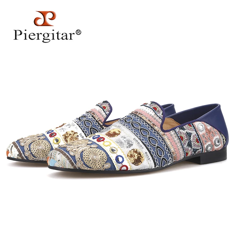 

Piergitar 2019 Handmade Mixed Colors Sequin men loafers with back stitching sheep leather can be worn as men slippers plus size