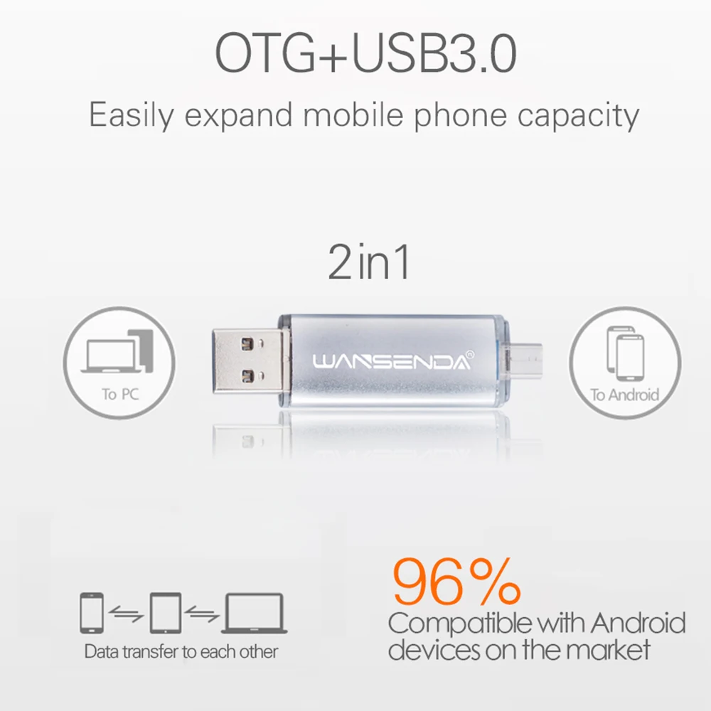 WANSENDA OTG флеш-накопитель USB 3 0 64 ГБ и 128 Гб 32 GB 16 флешки 8 USB3.0 Pen Drive 2 в 1 Высокая