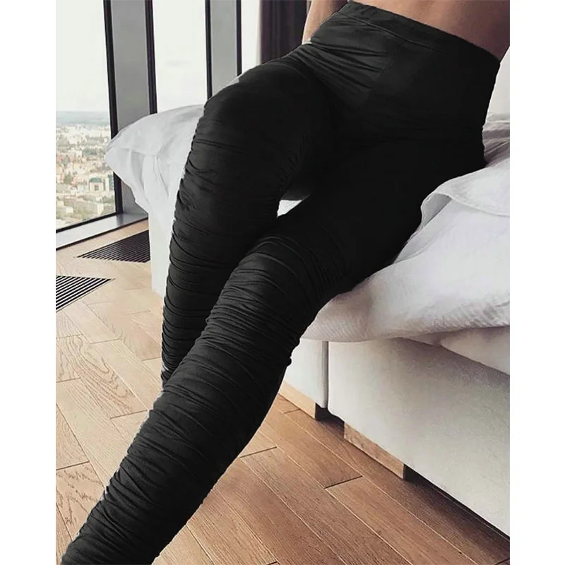 Черные хаки с высокой эластичной талией плиссированные узкие брюки для женщин