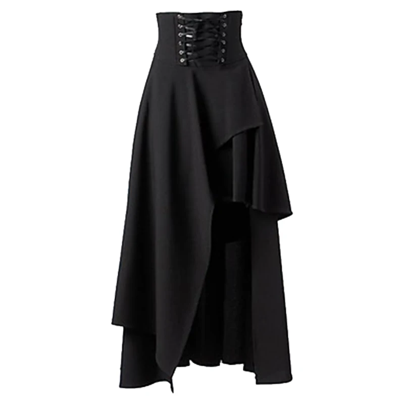 Новинка, S-2XL, в стиле Лолиты, Лоскутная, длинная юбка, для женщин, нестандартная, высокая талия, юбка на шнуровке, дизайн, чистый цвет, для женщин, в стиле стимпанк, юбки для вечеринок