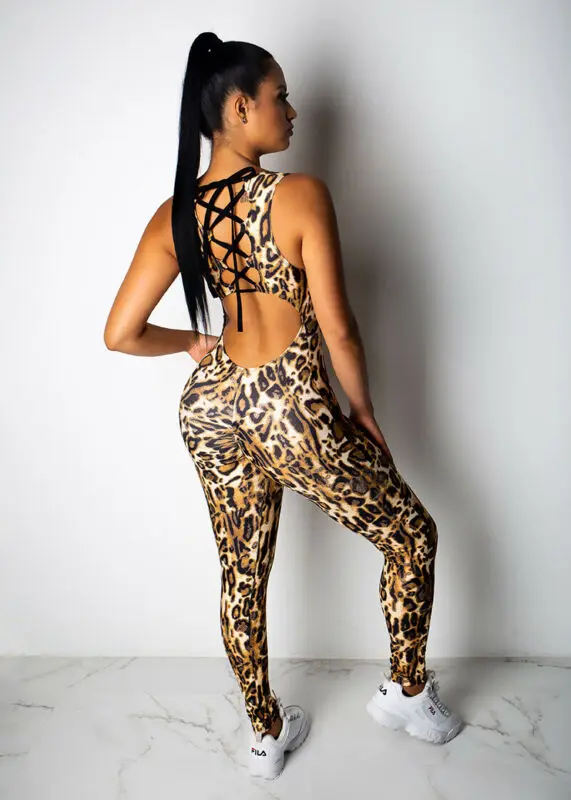 Hirigin Модные женские бандажные комбинезоны с открытой спиной леопардовые