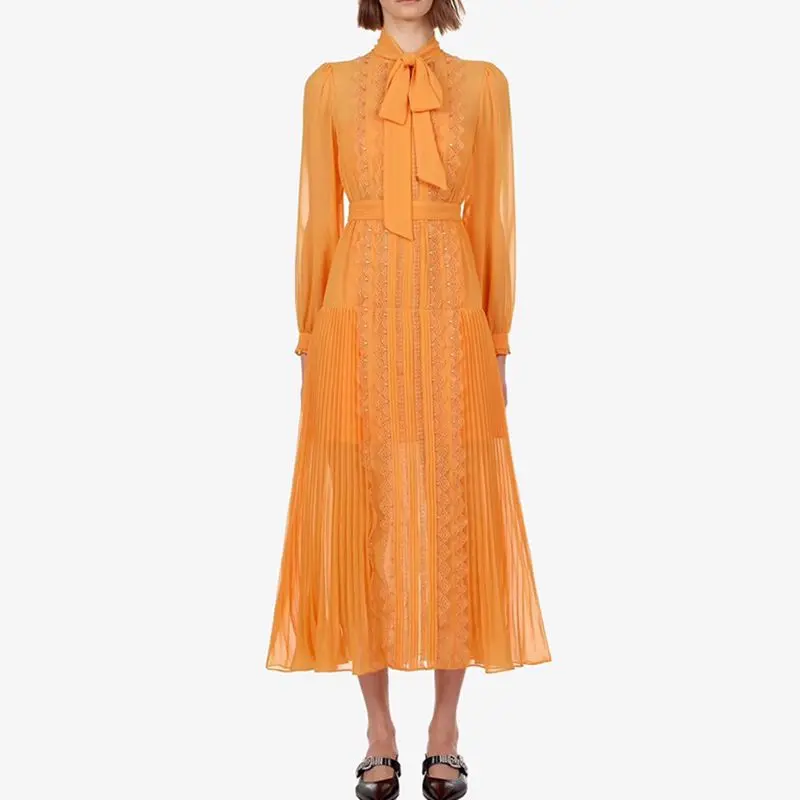

Long Pleated Dress Women Long Sleeve Lace Party Dresses