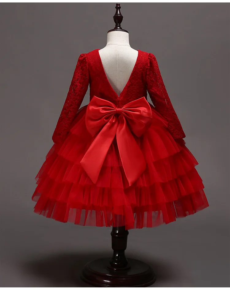 Wedding flower girl kids dress for girls Elegant wedding party princess Open back bud silk gauze long sleeve cake dresses | Детская