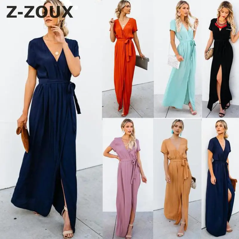 Женское винтажное платье Z-ZOUX длинное с v-образным вырезом и коротким рукавом