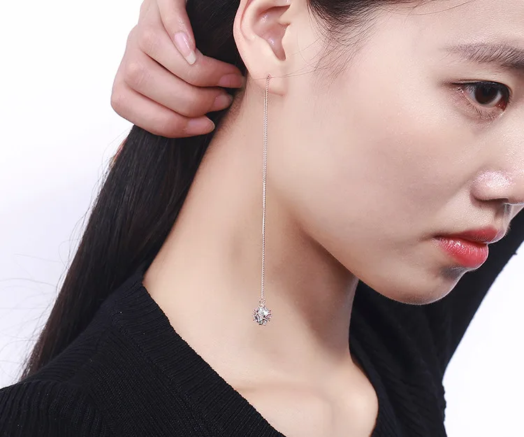 Полный Круглый AAA CZ Циркон мяч Link Rose Gold Цвет длинной цепочкой падение серьги нити через Серьги для Для женщин Обувь для девочек ювелирные изделия aros