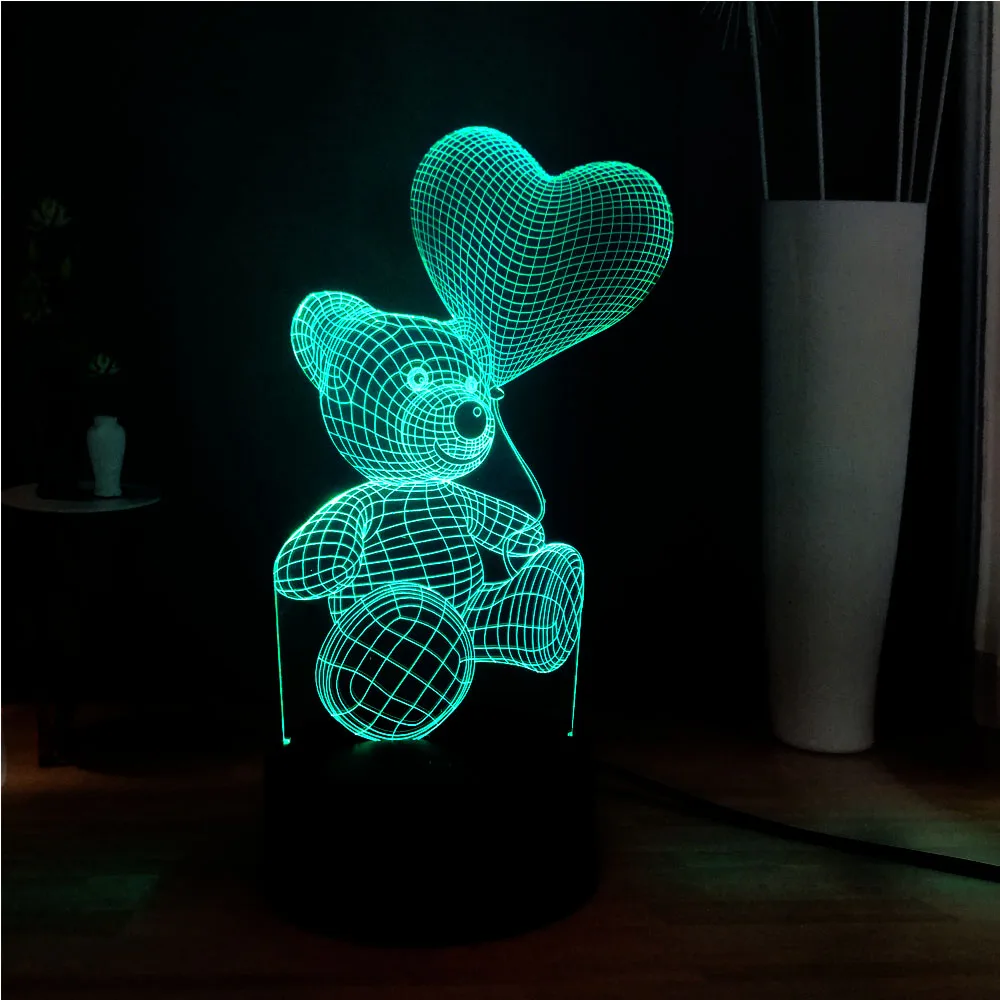 Иллюзия RGB 3D Милый Детский плюшевый медвежонок в форме сердца воздушный шар