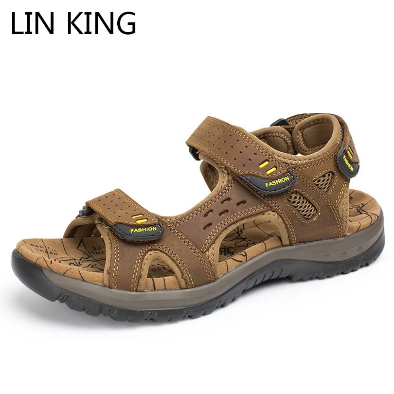 

LIN KING Top Quality Men Sandals Genuine Leather Solid Man Summer Beach Shoes Thick Sole Breathable Male Outdoor Casual Sandals