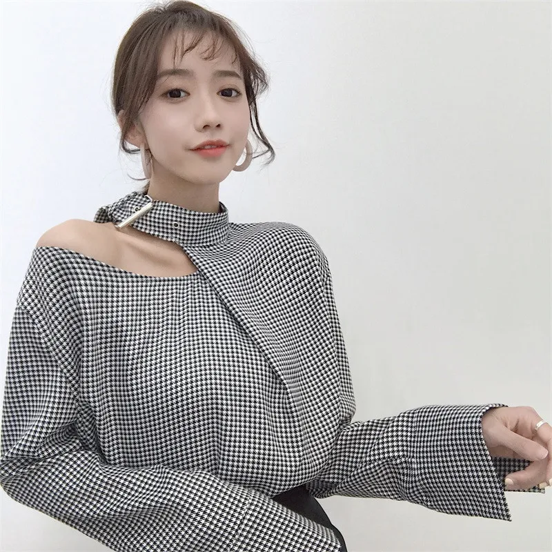 BUYSD Women Plaid Shirts 2019 Korean Vintage Fashion Halter Patchwork Blouse Long Sleeve Casual Loose Female Blusas |