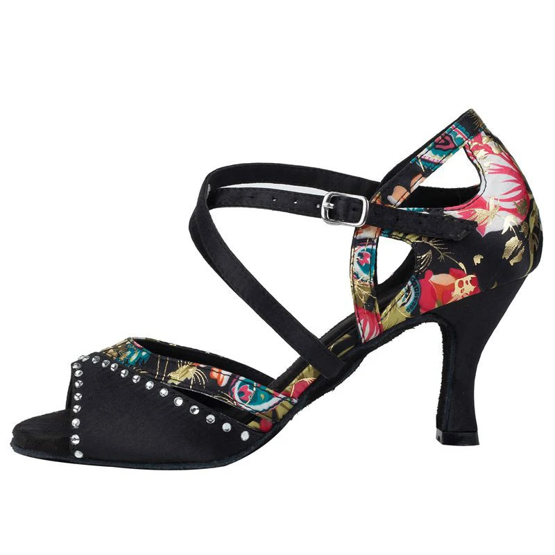 Женские атласные туфли для латинских танцев с цветами и стразами размеры США 4-12