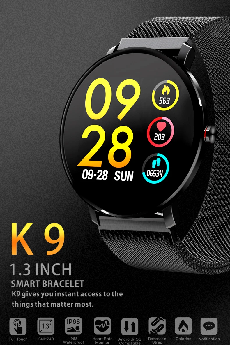 SENBONO K9 спортивные Bluetooth 1,3 дюймов Полностью умные часы с сенсорным экраном фитнес-трекер для мужчин IP68 Водонепроницаемые женские умные часы PK v11 K1