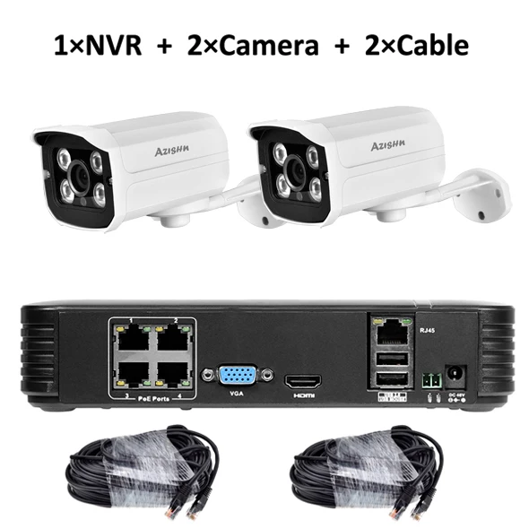 NVR 2Camera 2cable AZISHN Full HD 1080P 4-канальная система видеонаблюдения 4 шт. 2MP металлическая уличная ip-камера 4CH 1080P POE 48 В NVR CCTV Комплект HDMI P2P электронная сигнализация - Цвет: NVR 2Camera 2cable