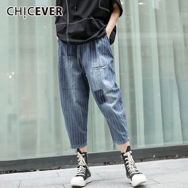 CHICEVER летние винтажные синие джинсовые женские штаны в полоску эластичные со