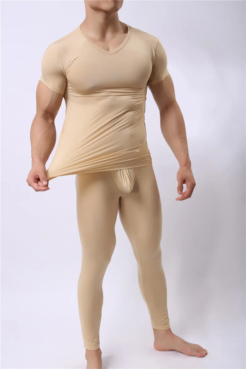 Warm Men Long Johns Ice Silky Ultra-Thin Thermal Underwear Men Underwear Long Johns Men Tops and Pants Set Long Johns Nightwear